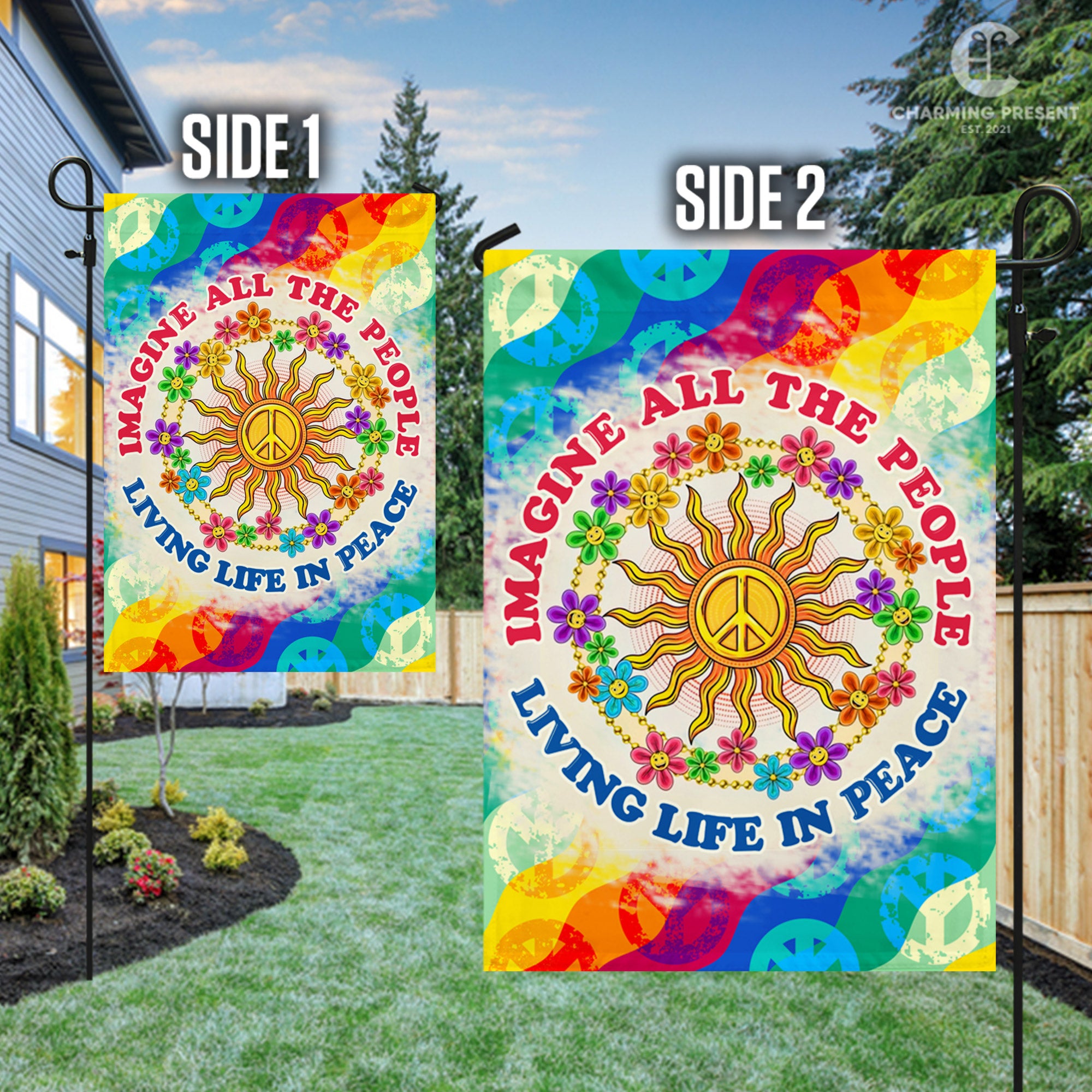 Imagine All The People Living Life In Peace Flag - Peace Sign Hippie Flag