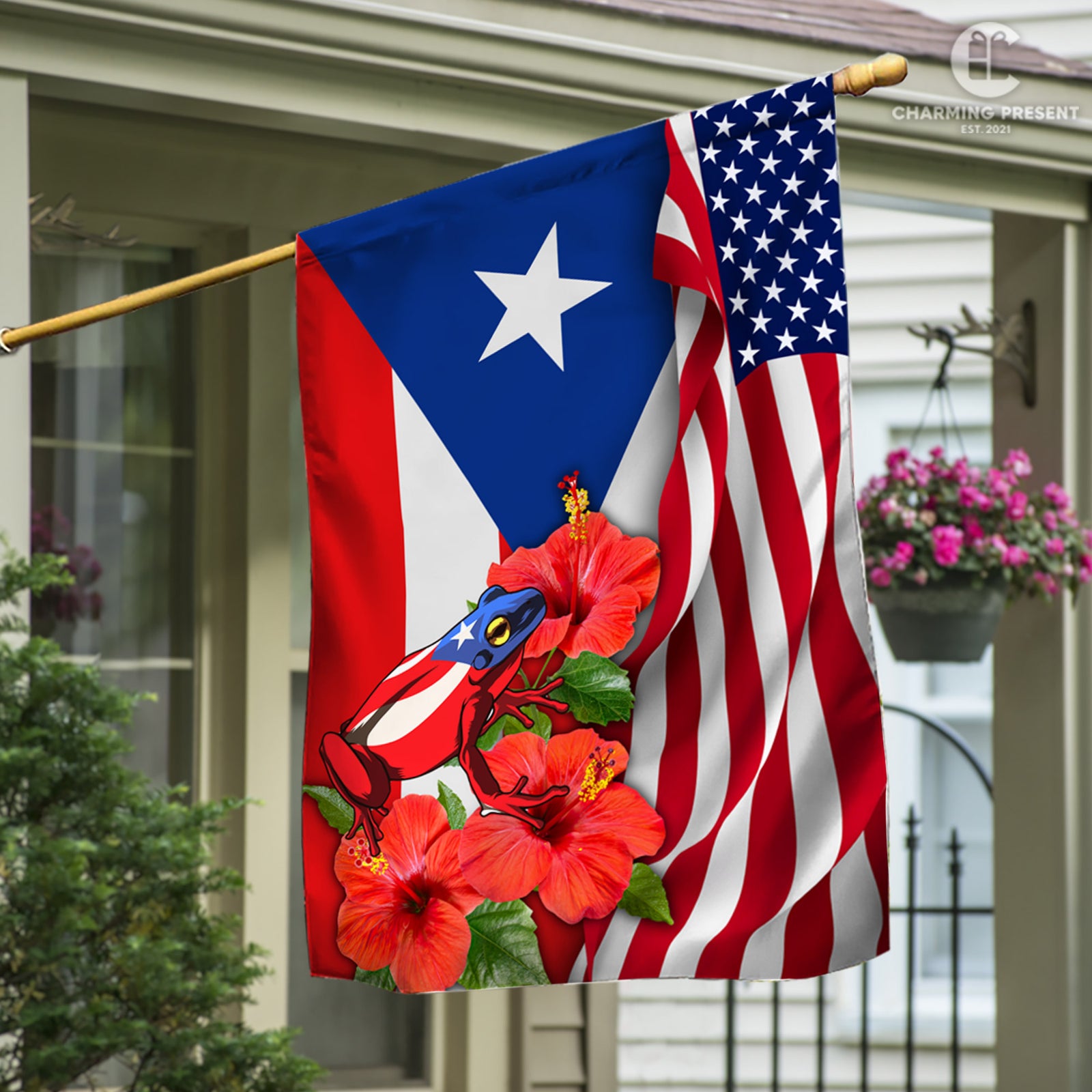 Puerto Rico Flag With Toad Frog And Hibiscus Flower - American Puerto Rico Decoration