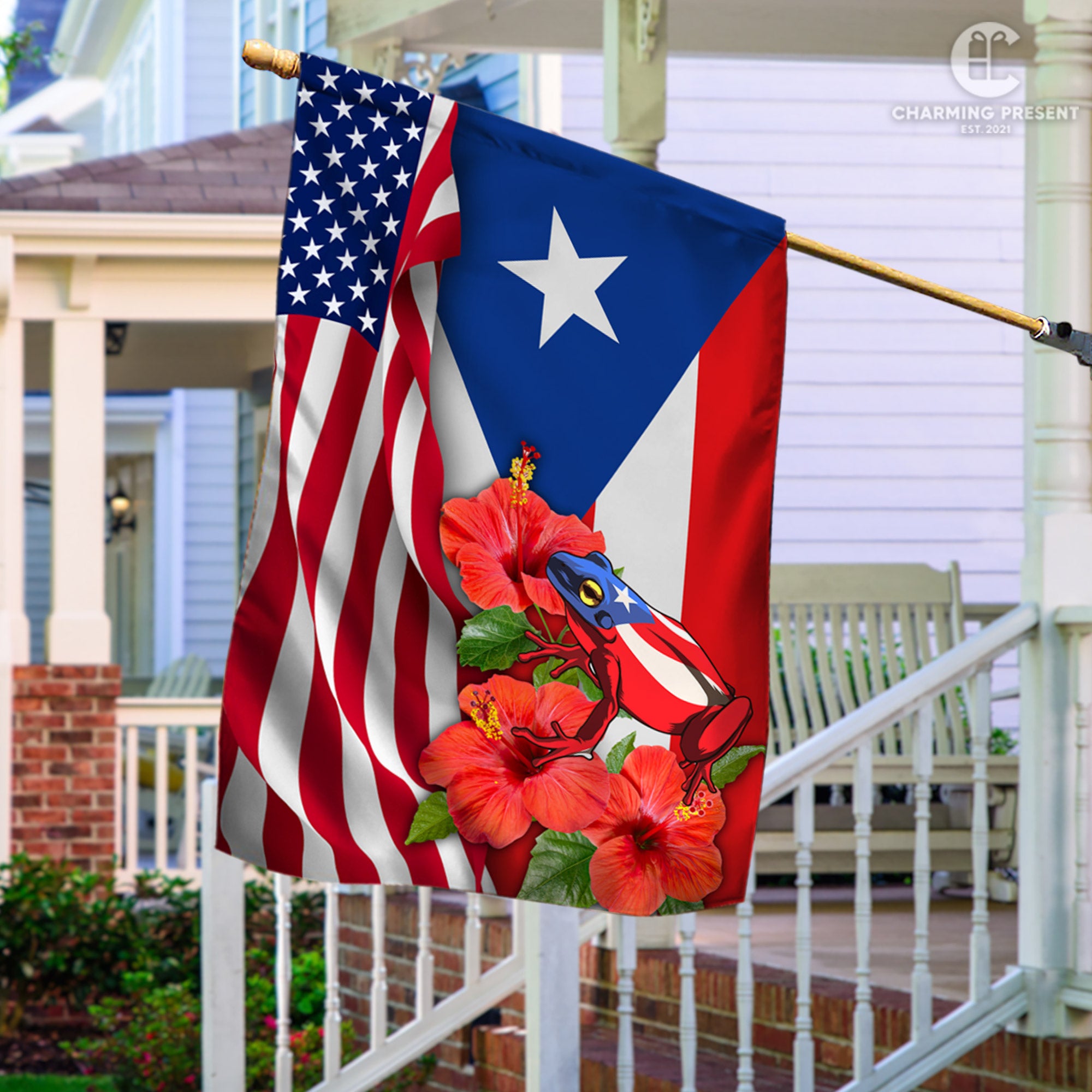 Puerto Rico Flag With Toad Frog And Hibiscus Flower - American Puerto Rico Decoration