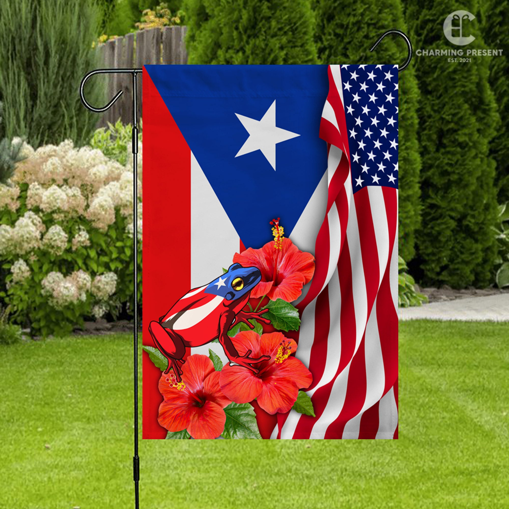 Puerto Rico Flag With Toad Frog And Hibiscus Flower - American Puerto Rico Decoration