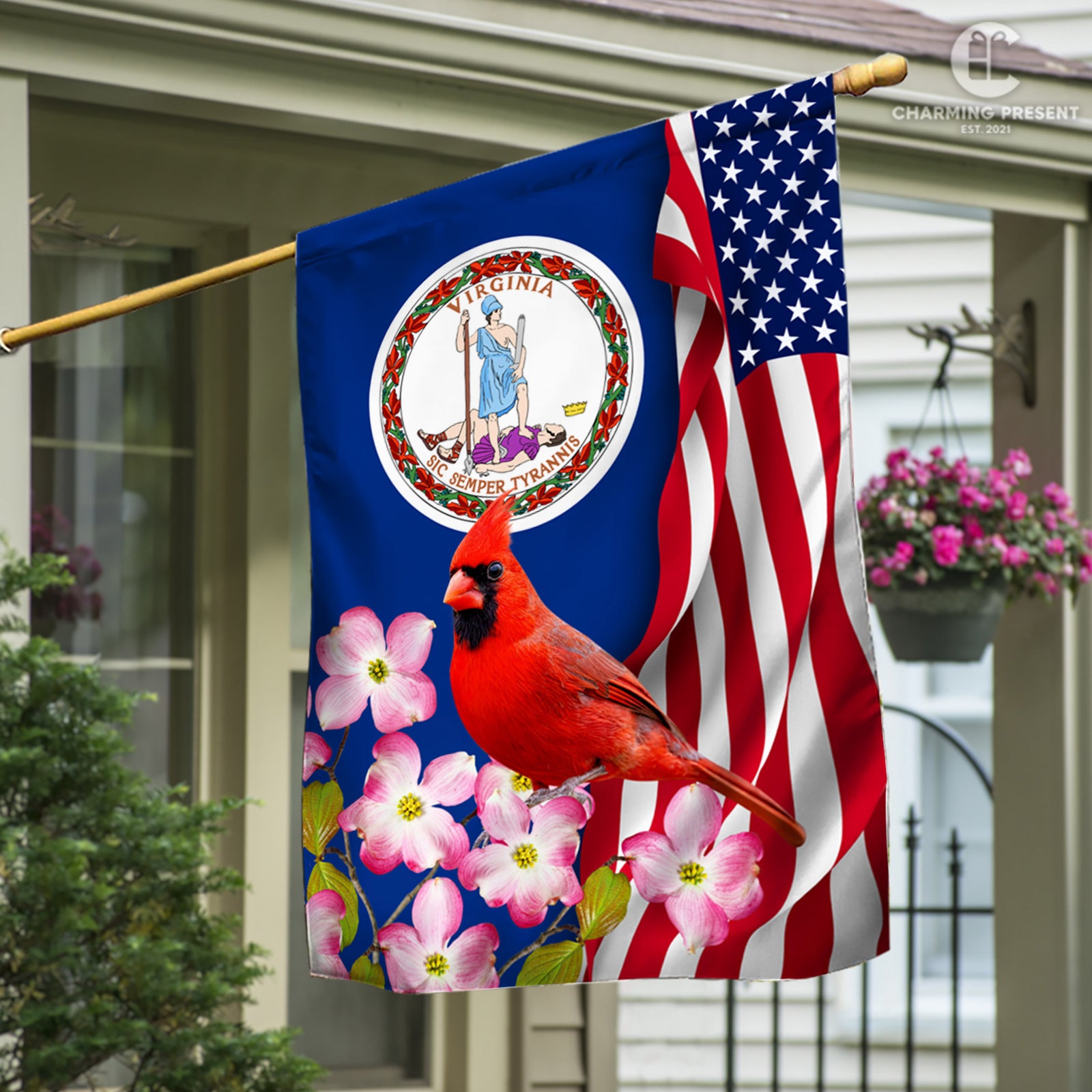Virginia State Flag Cardinal With Dogwood Flower - American Virginia State Decoration