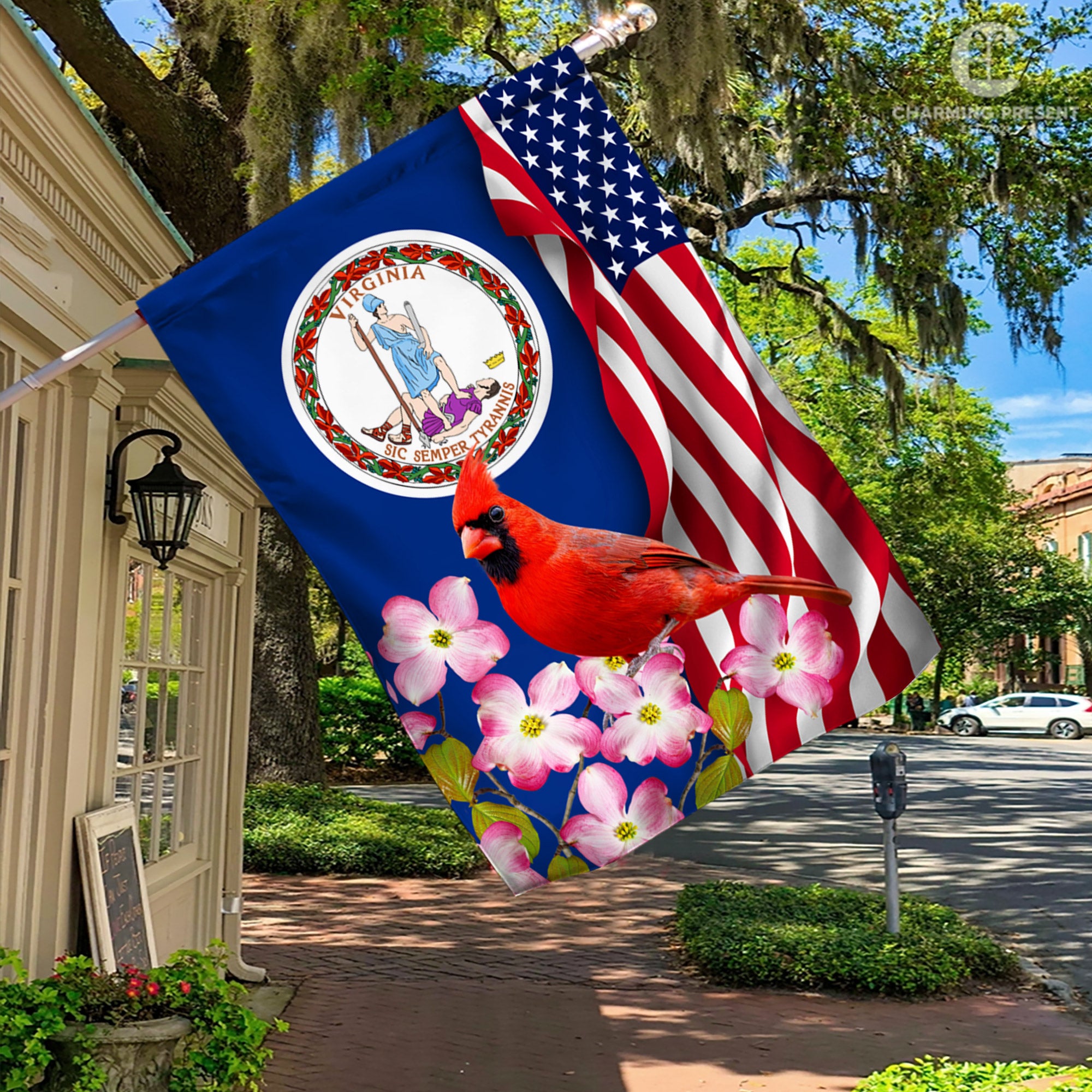 Virginia State Flag Cardinal With Dogwood Flower - American Virginia State Decoration