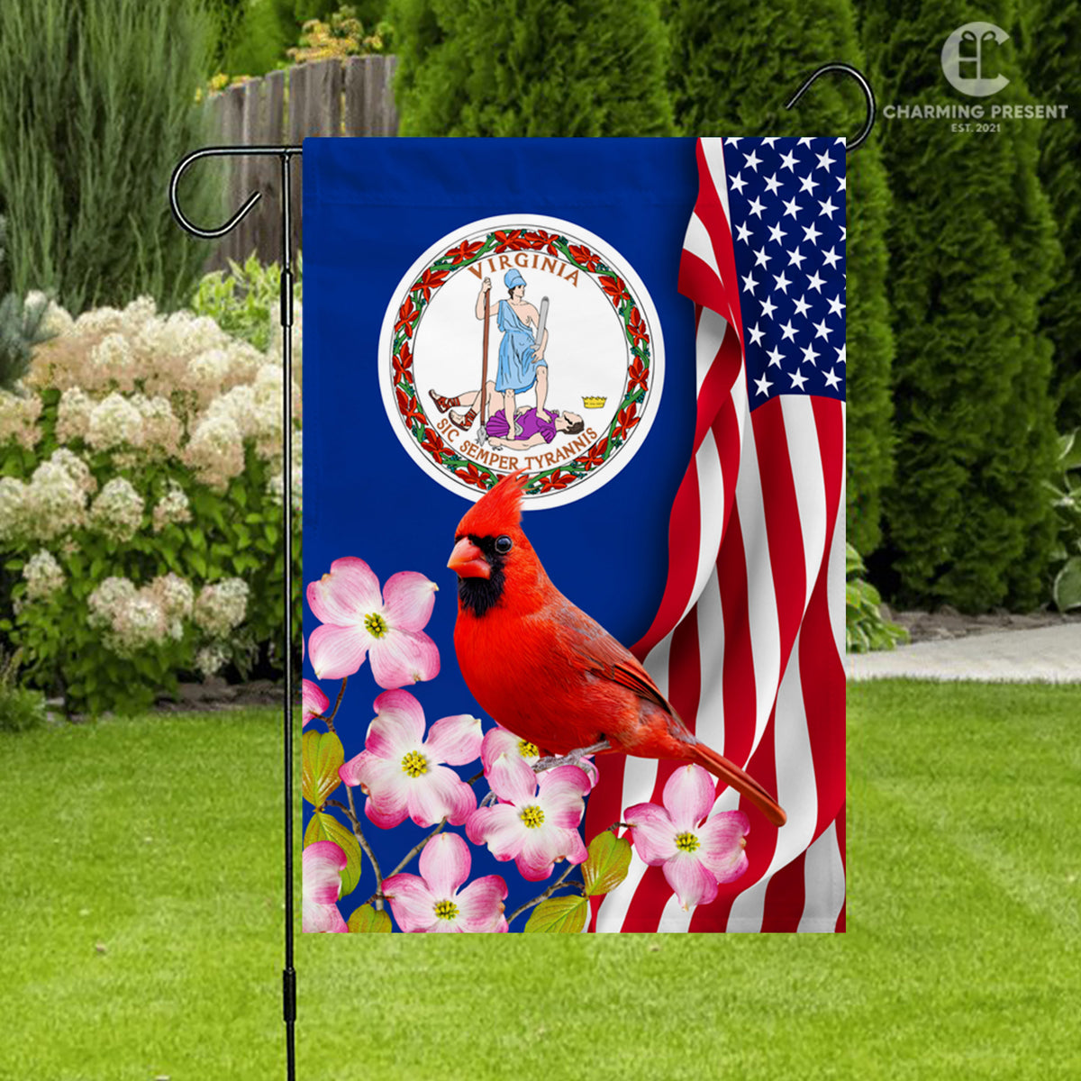 Virginia State Flag Cardinal With Dogwood Flower - American Virginia State Decoration