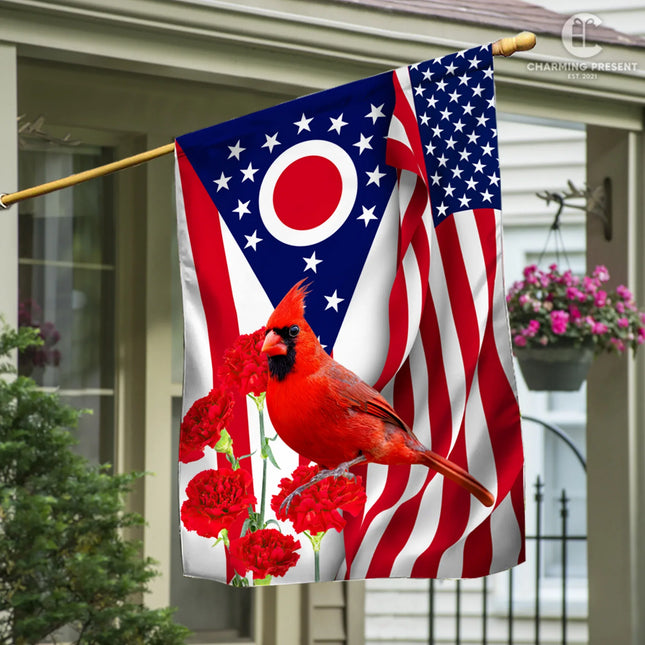 Ohio State Flag Cardinal With Scarlet Carnation Flower - American Ohio State Decoration - Charming Present