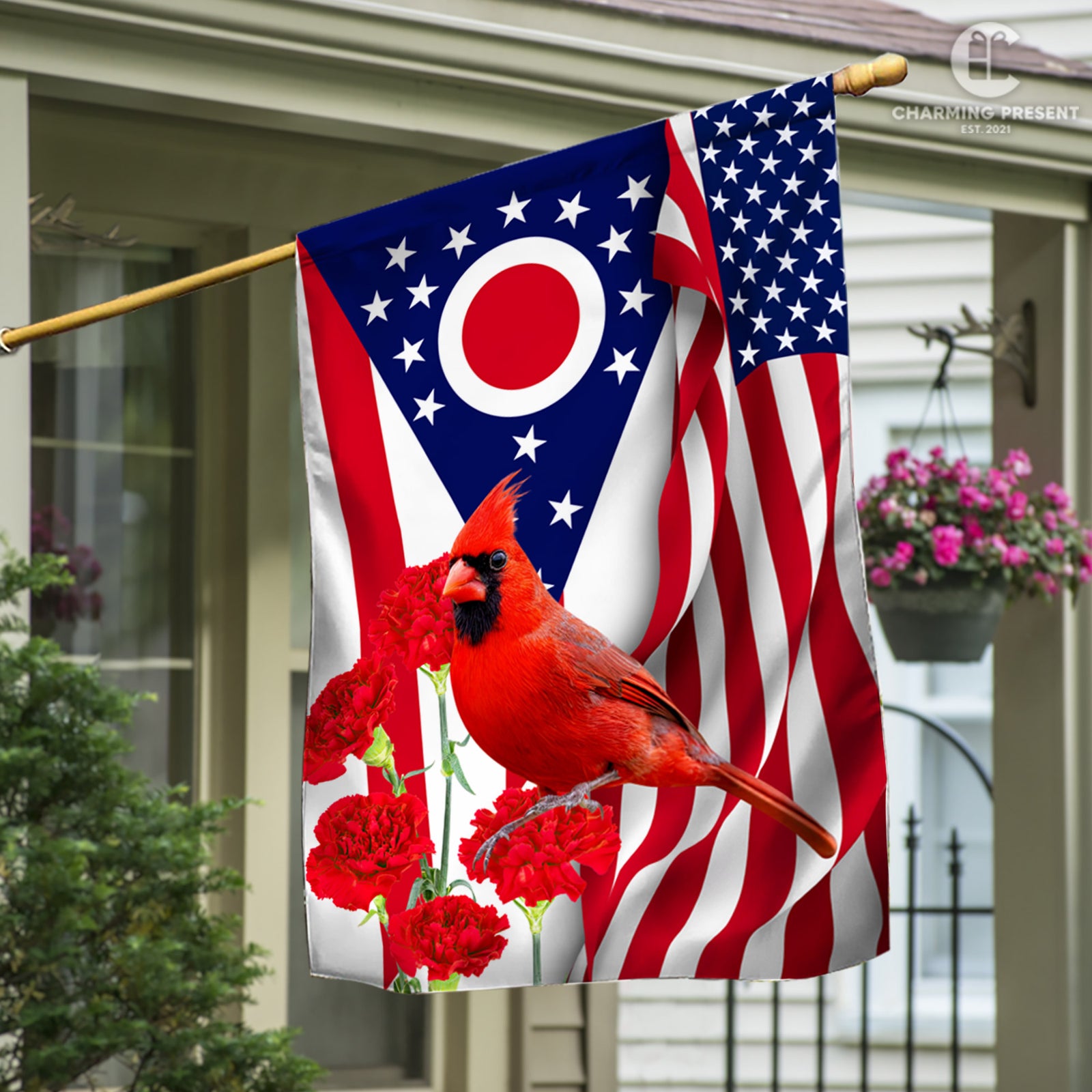 Ohio State Flag Cardinal With Scarlet Carnation Flower - American Ohio State Decoration