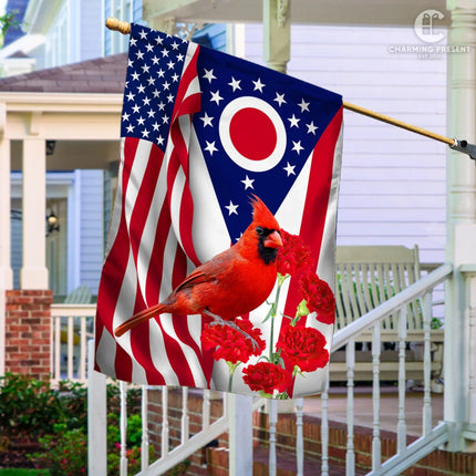 Ohio State Flag Cardinal With Scarlet Carnation Flower - American Ohio State Decoration - Charming Present