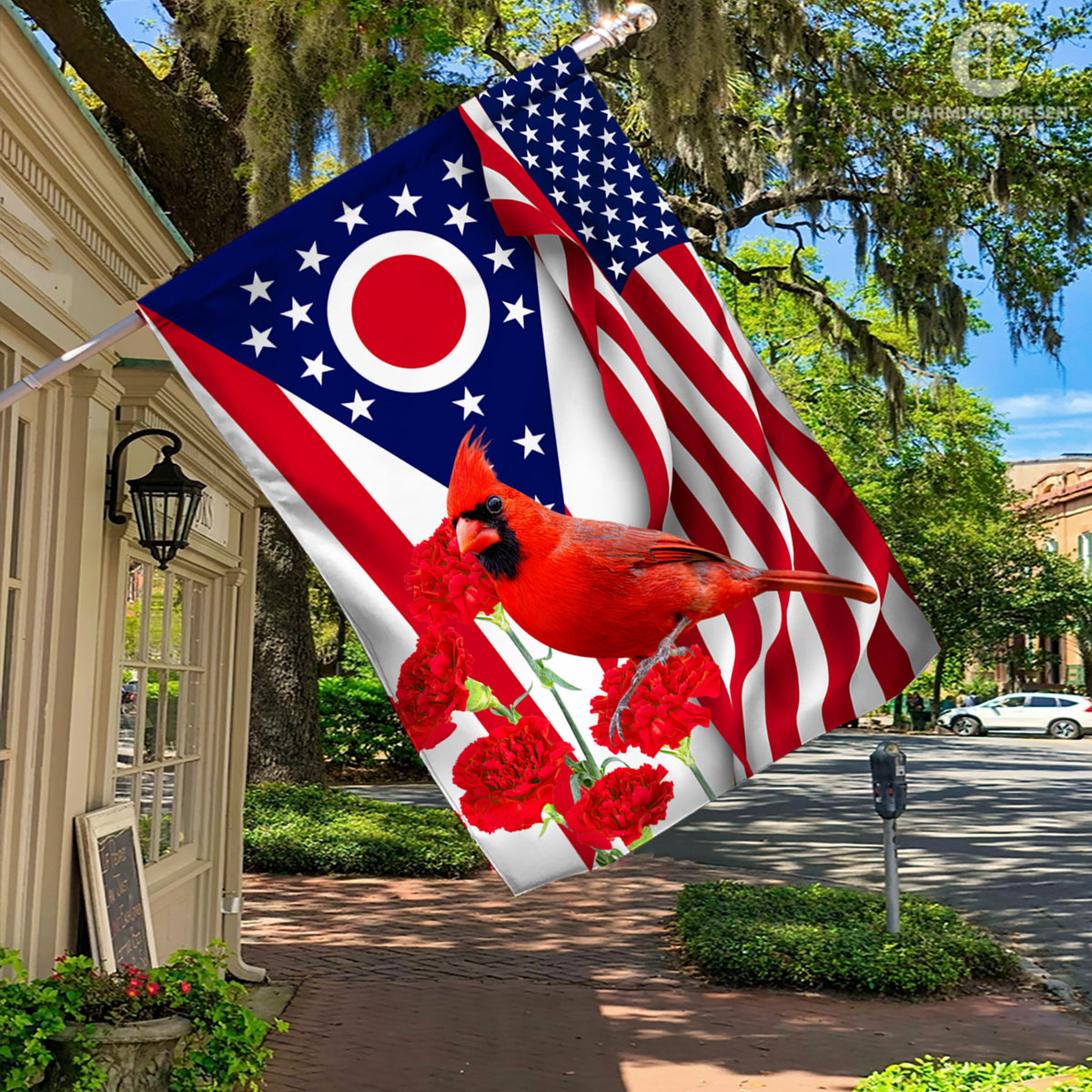 Ohio State Flag Cardinal With Scarlet Carnation Flower - American Ohio State Decoration