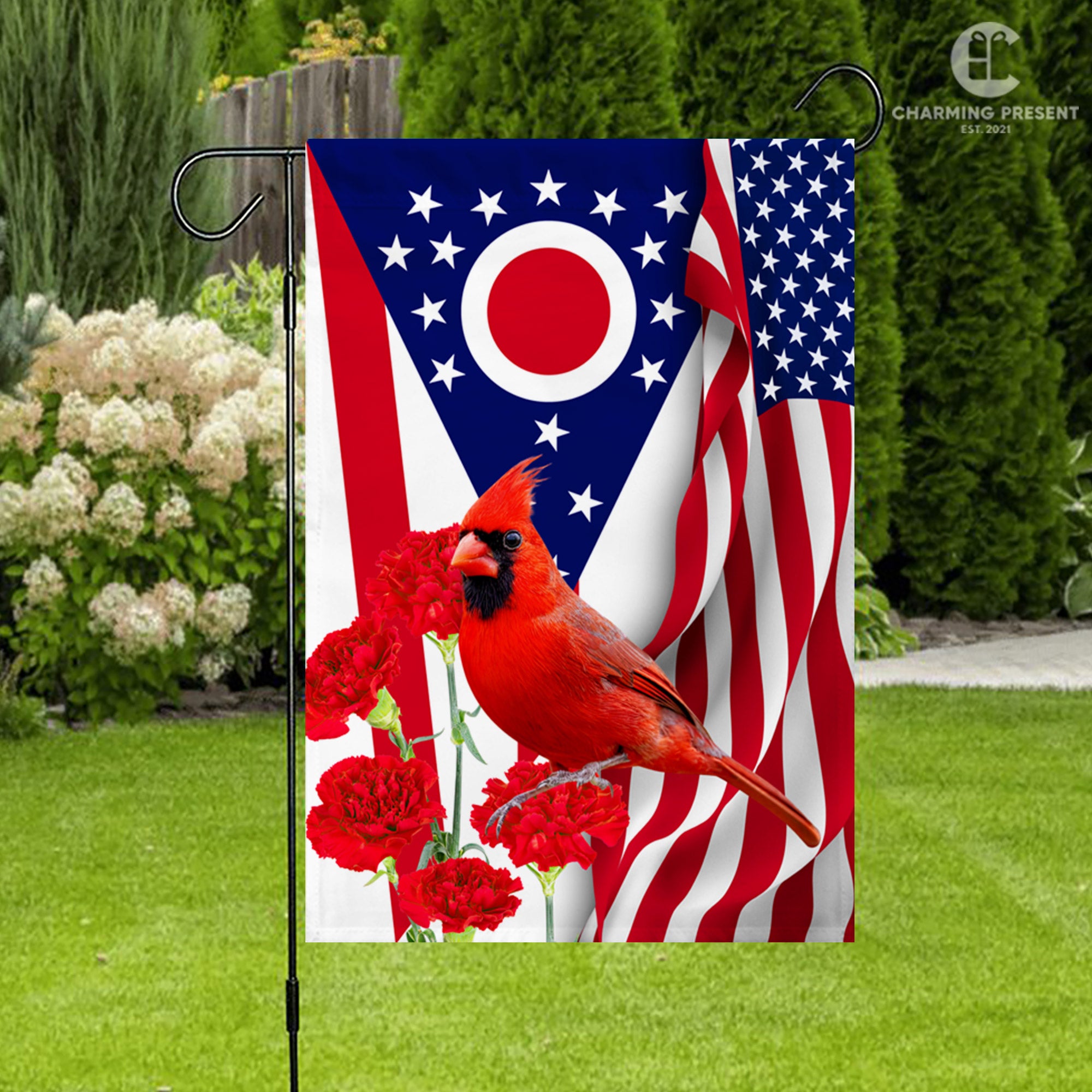 Ohio State Flag Cardinal With Scarlet Carnation Flower - American Ohio State Decoration