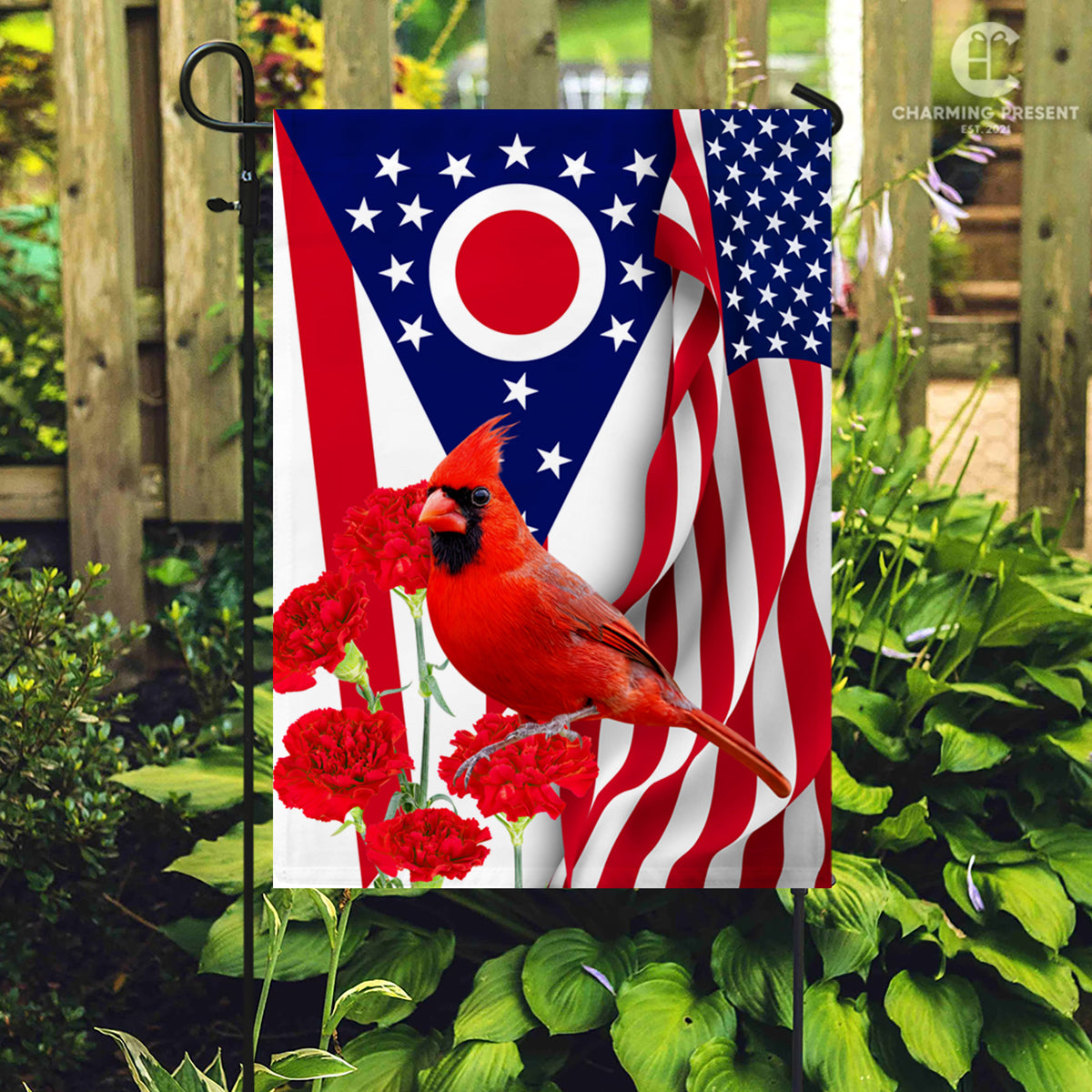 Ohio State Flag Cardinal With Scarlet Carnation Flower - American Ohio State Decoration
