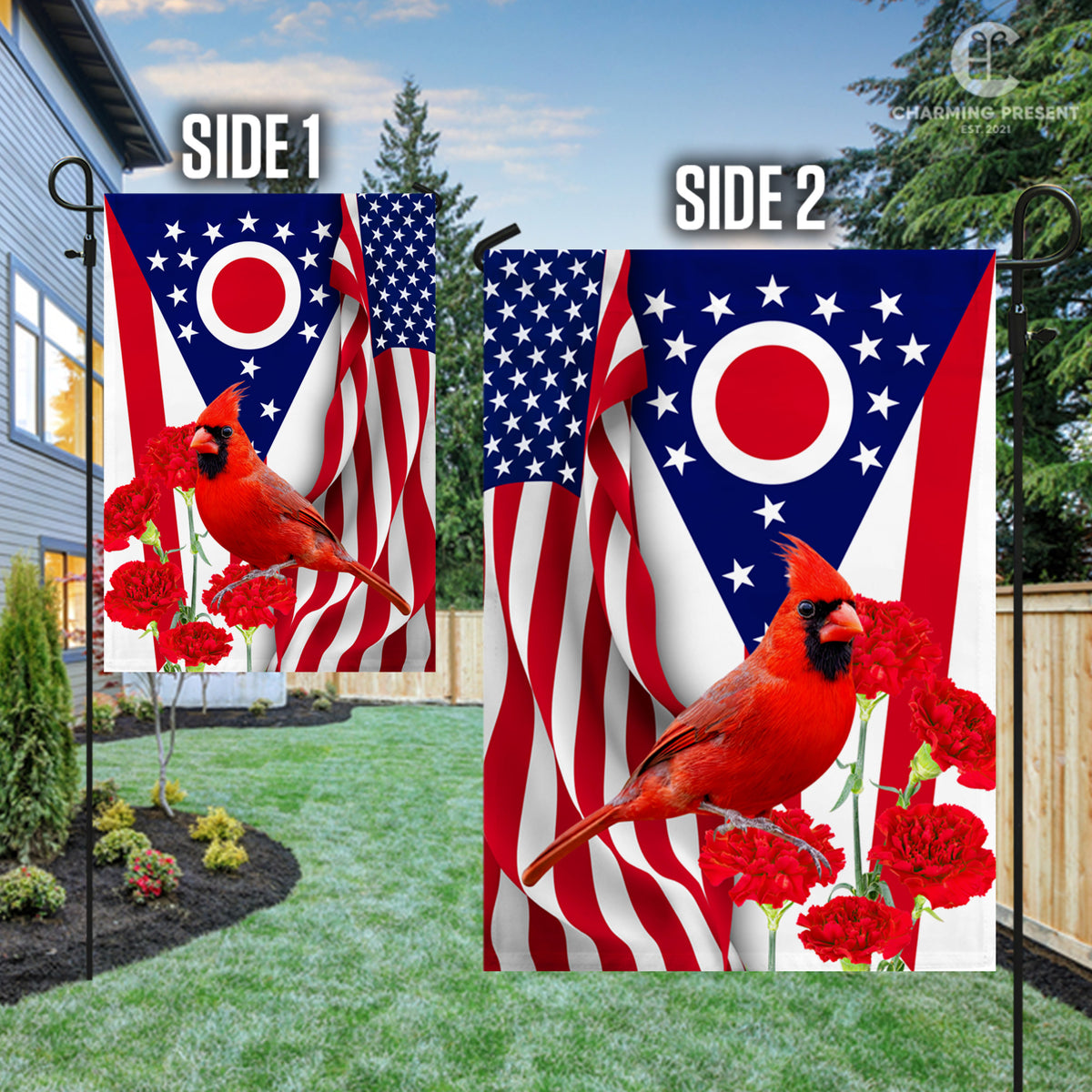 Ohio State Flag Cardinal With Scarlet Carnation Flower - American Ohio State Decoration