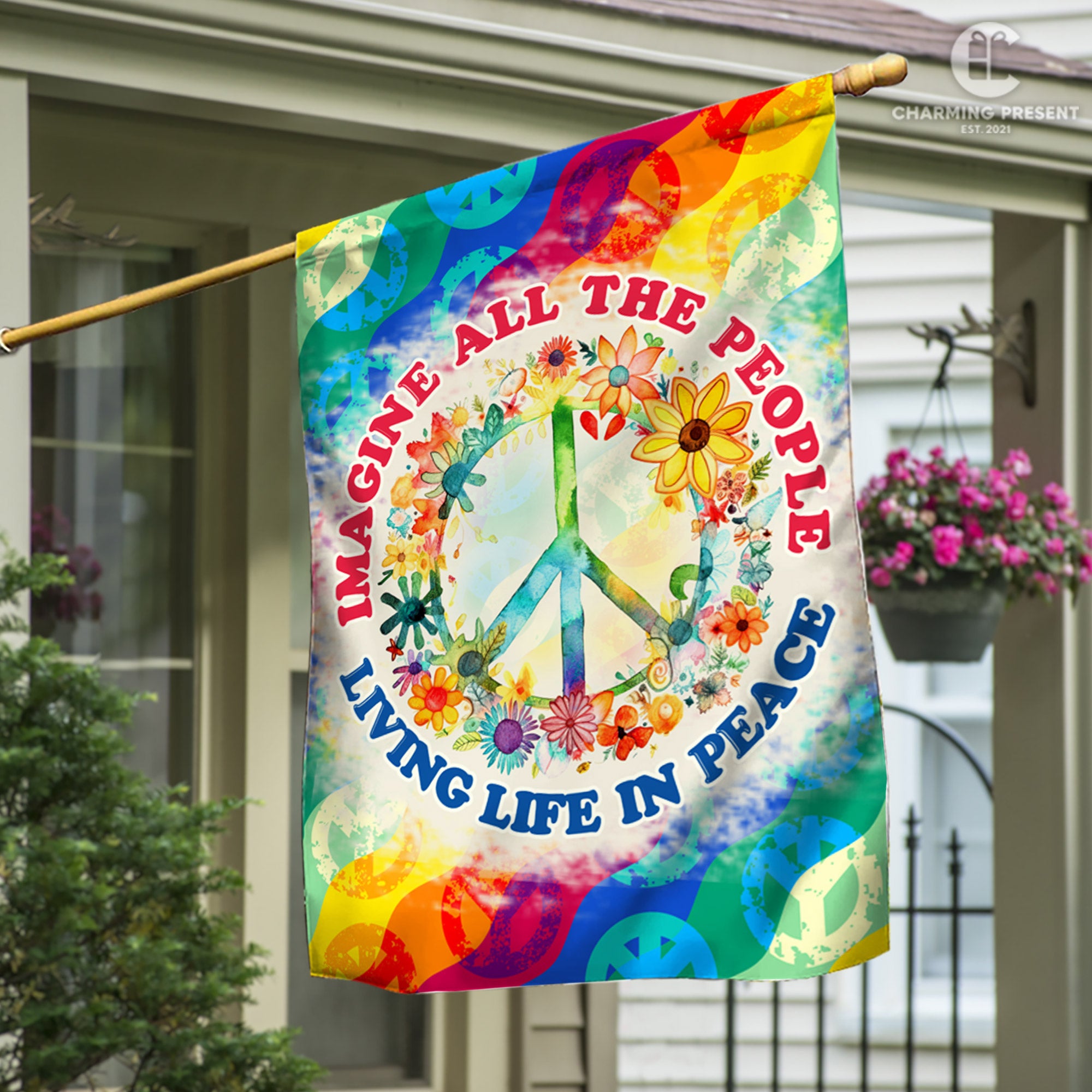 Imagine All The People Living Life In Peace Flag - Peace Sign Hippie Flag 2