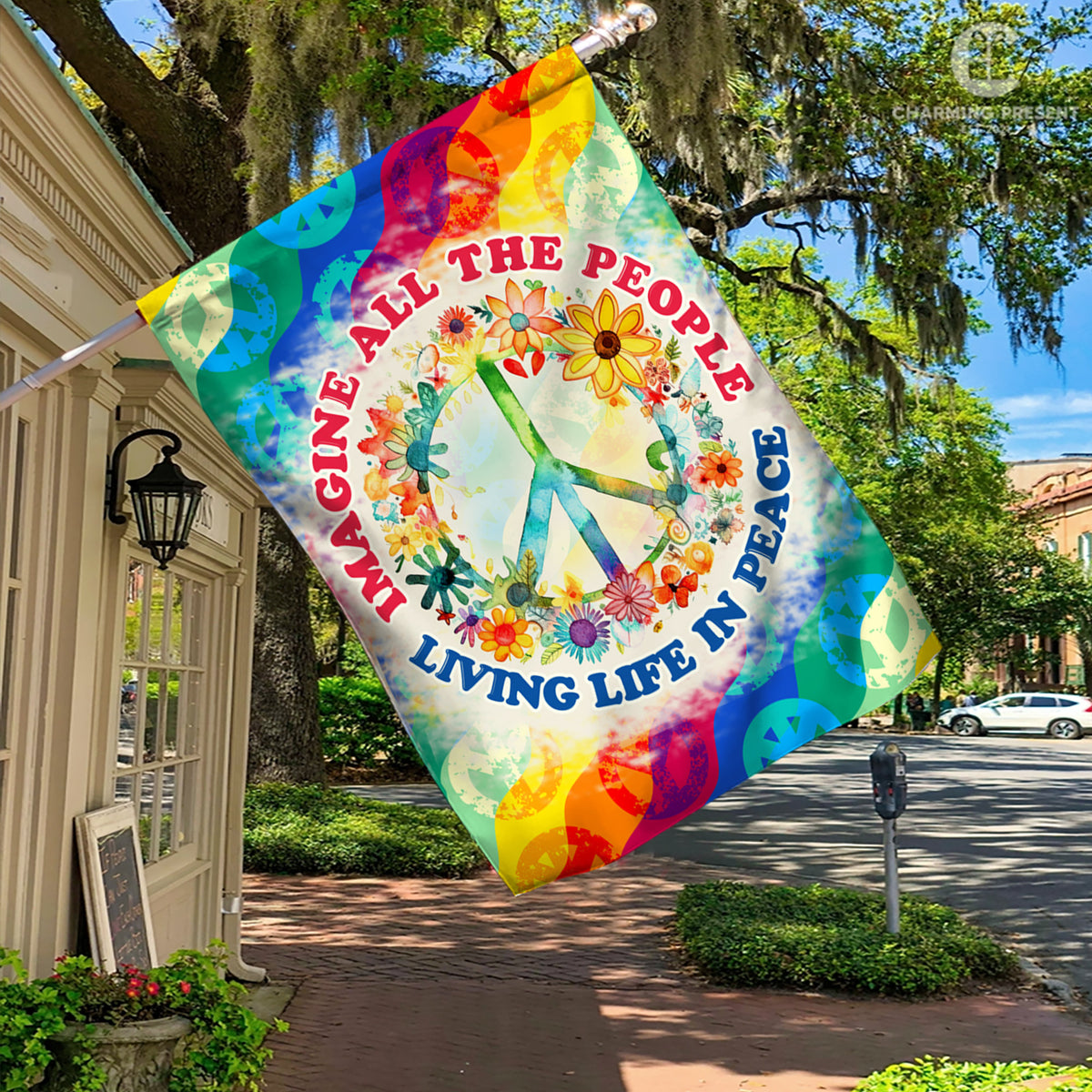 Imagine All The People Living Life In Peace Flag - Peace Sign Hippie Flag 2