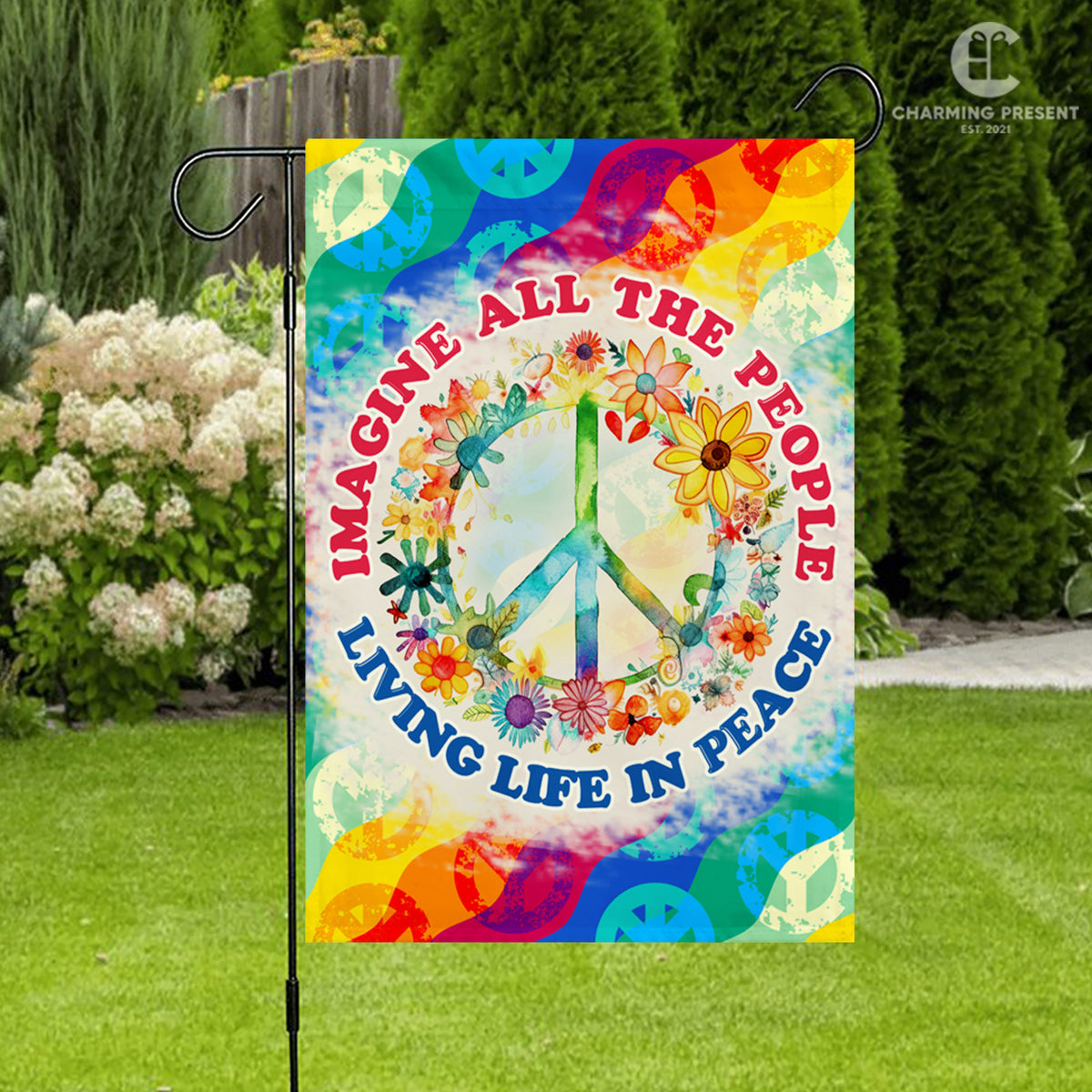 Imagine All The People Living Life In Peace Flag - Peace Sign Hippie Flag 2