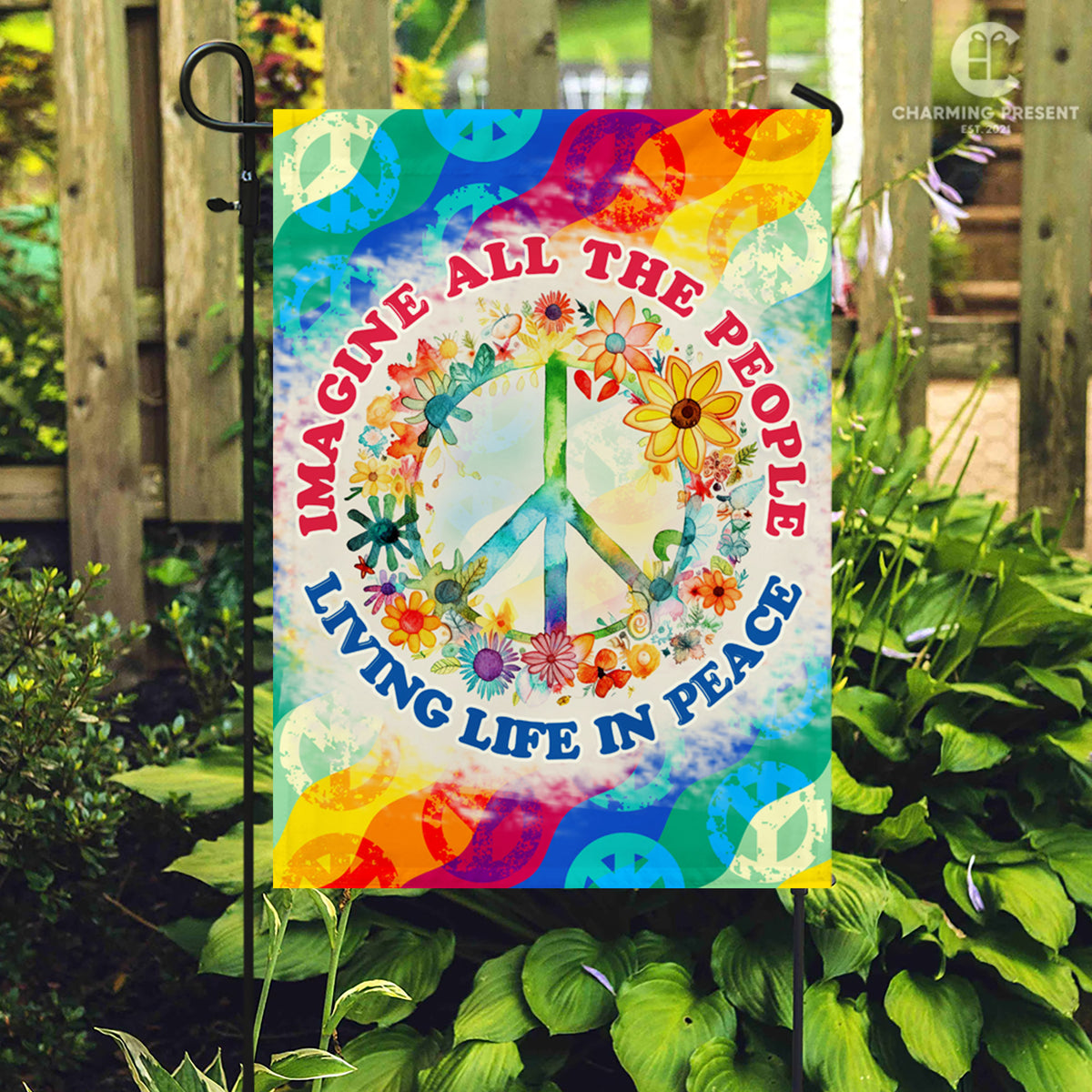 Imagine All The People Living Life In Peace Flag - Peace Sign Hippie Flag 2