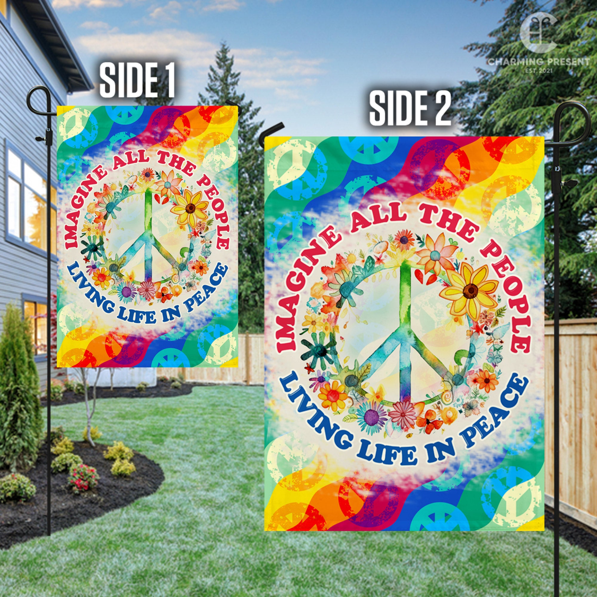 Imagine All The People Living Life In Peace Flag - Peace Sign Hippie Flag 2