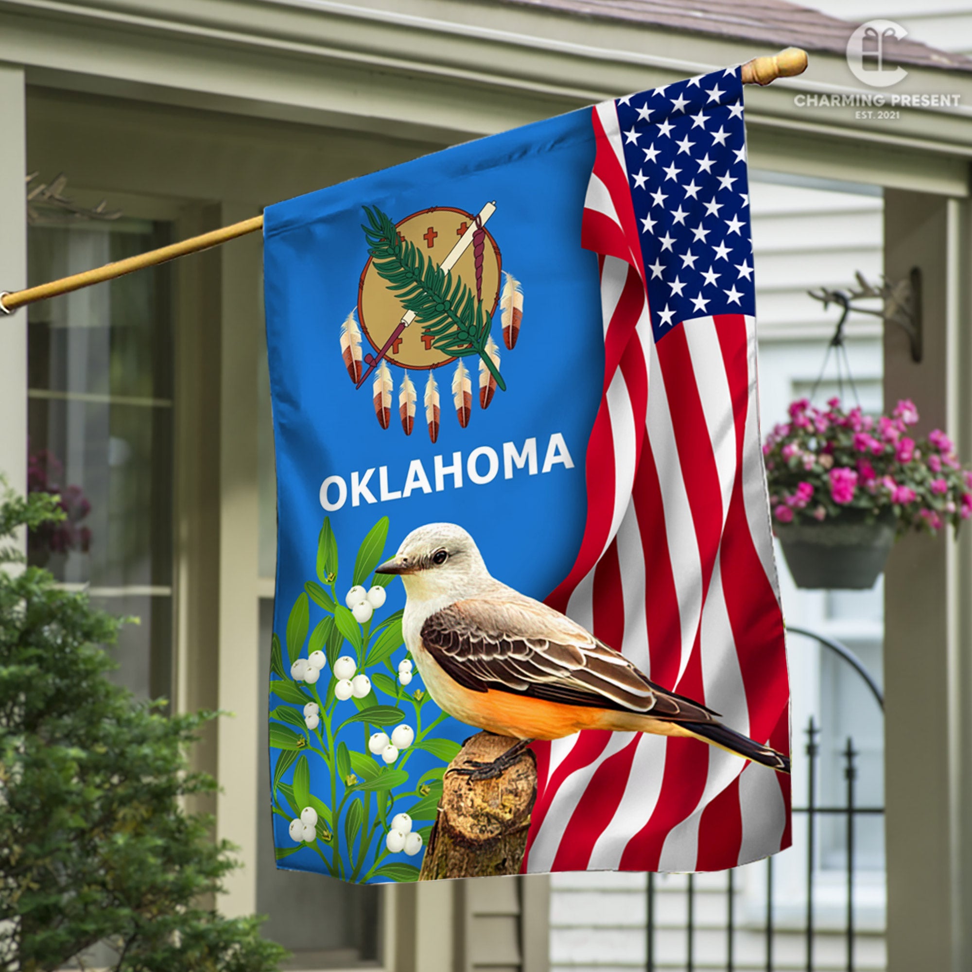 Oklahoma State Flag Scissor-tailed Flycatcher Bird With Mistletoe Flower - American Oklahoma State Decoration