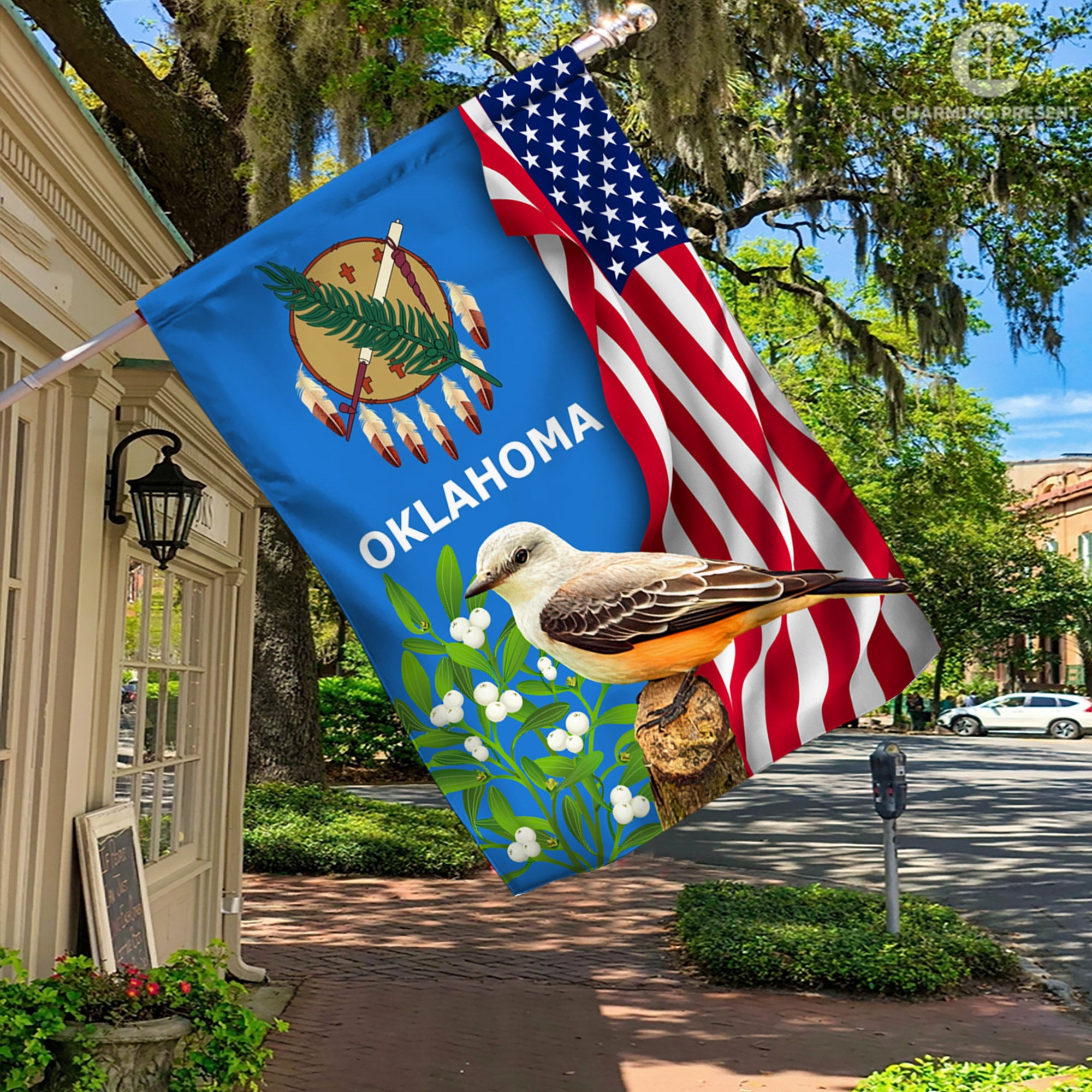 Oklahoma State Flag Scissor-tailed Flycatcher Bird With Mistletoe Flower - American Oklahoma State Decoration