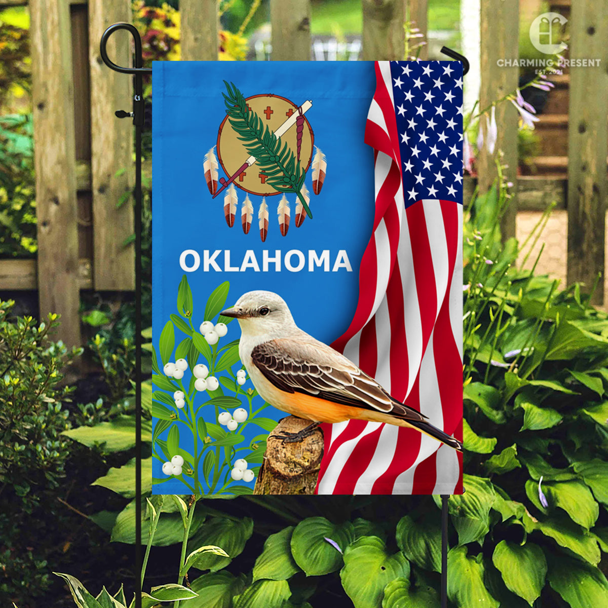 Oklahoma State Flag Scissor-tailed Flycatcher Bird With Mistletoe Flower - American Oklahoma State Decoration