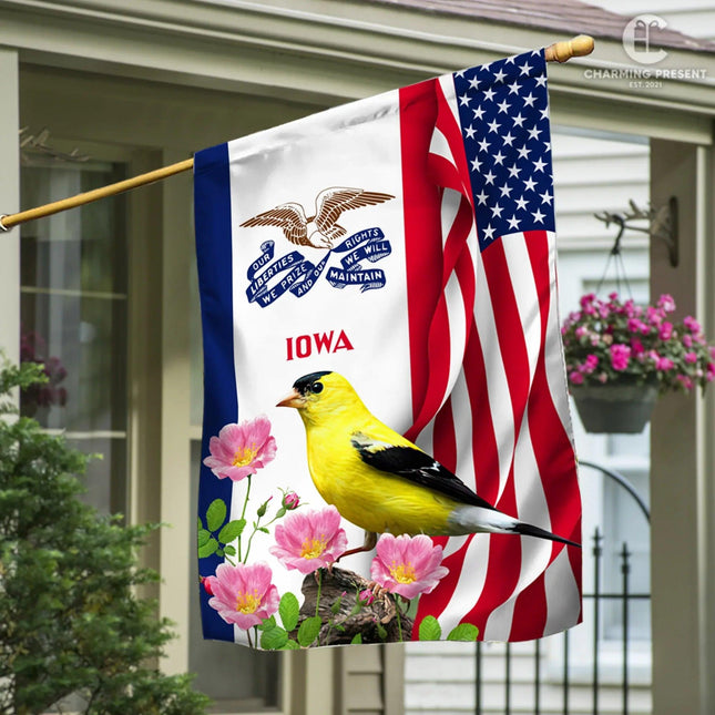 Iowa State Flag Eastern Goldfinch Bird With Wild Rose Flower - American Iowa State Decoration - Charming Present