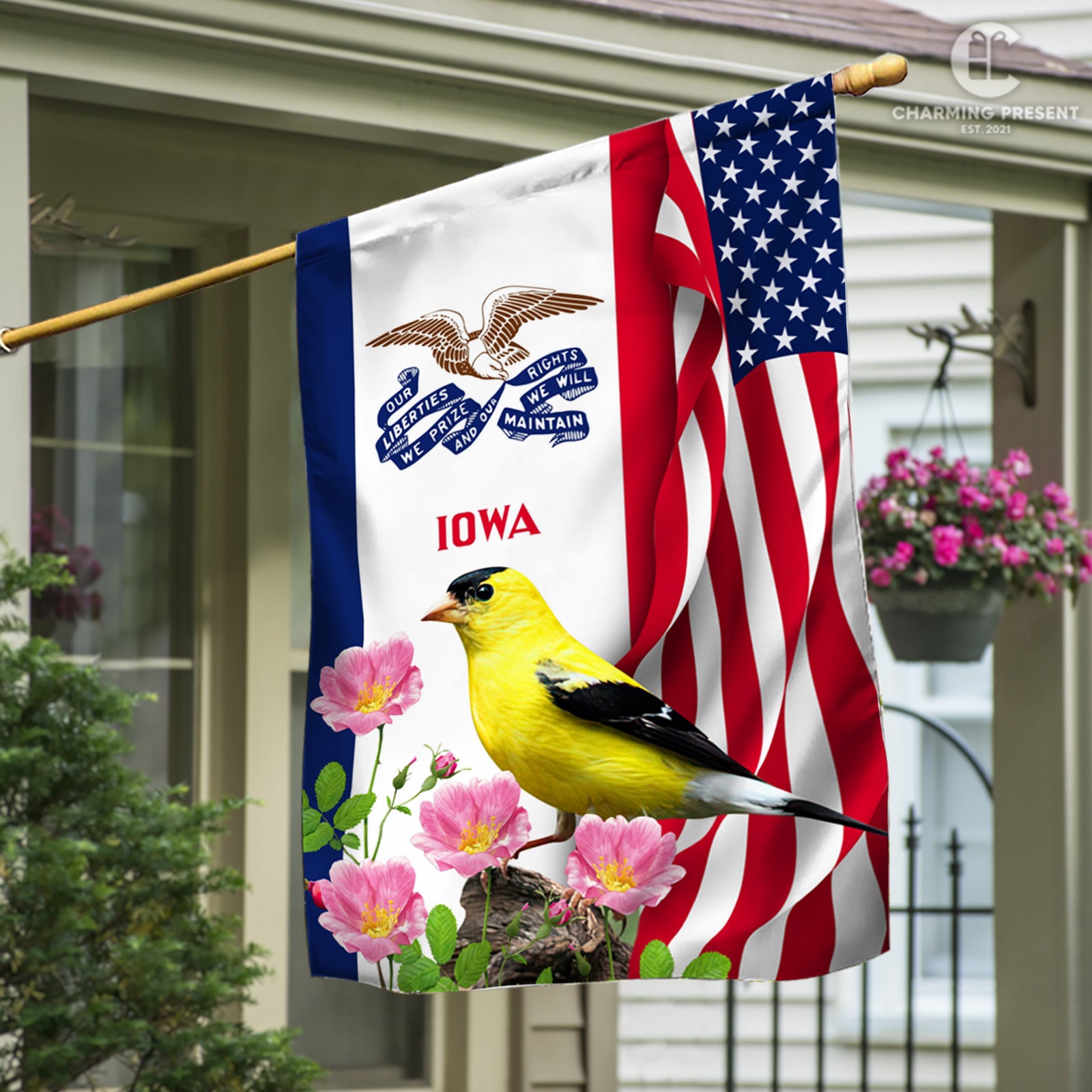 Iowa State Flag Eastern Goldfinch Bird With Wild Rose Flower - American Iowa State Decoration