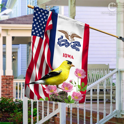 Iowa State Flag Eastern Goldfinch Bird With Wild Rose Flower - American Iowa State Decoration - Charming Present
