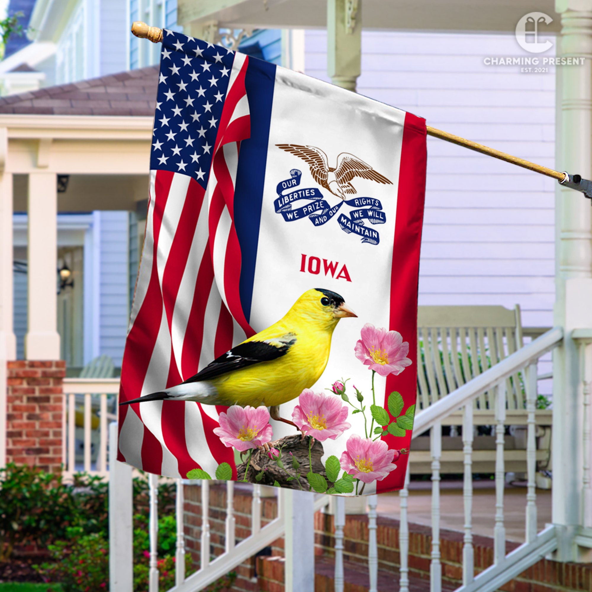 Iowa State Flag Eastern Goldfinch Bird With Wild Rose Flower - American Iowa State Decoration