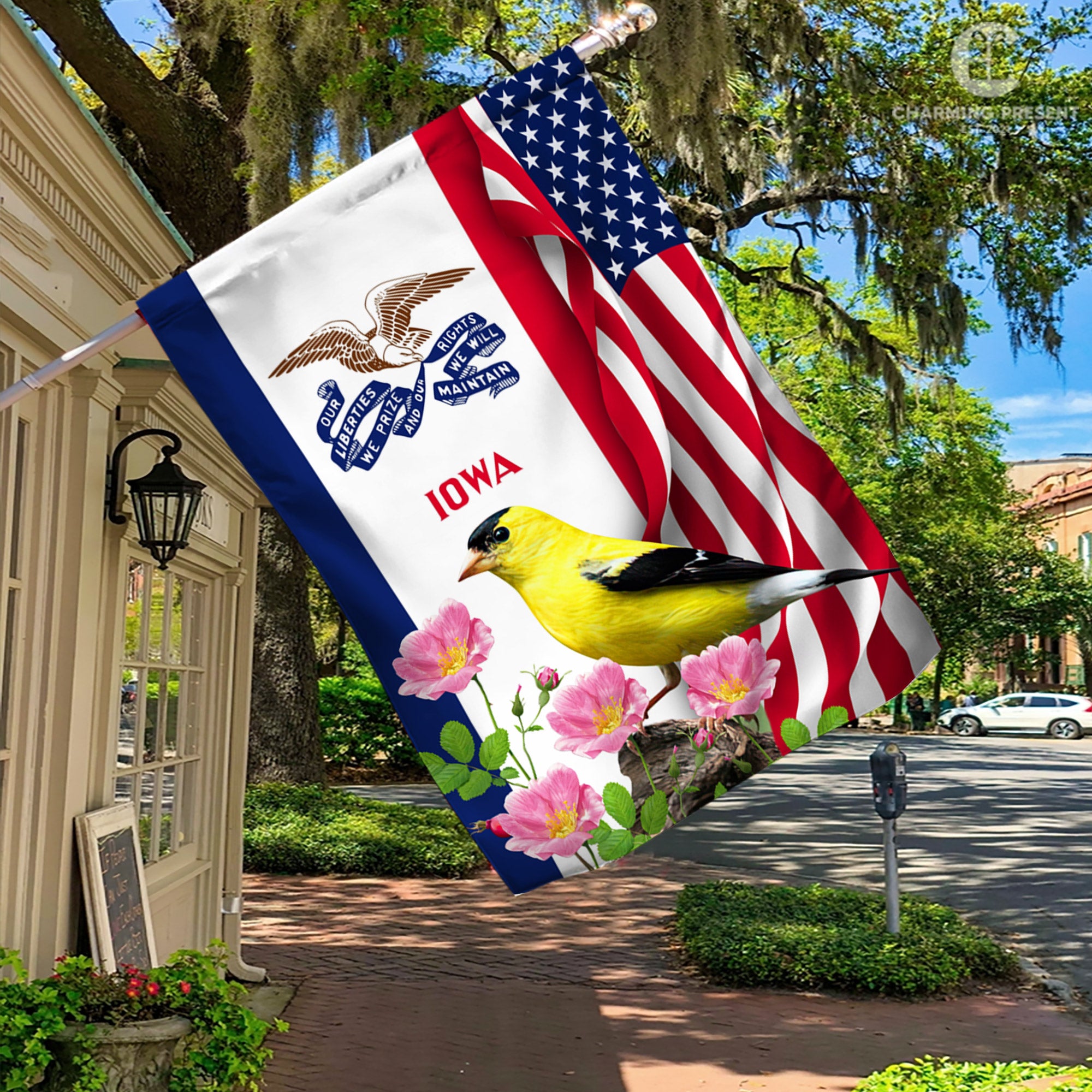 Iowa State Flag Eastern Goldfinch Bird With Wild Rose Flower - American Iowa State Decoration