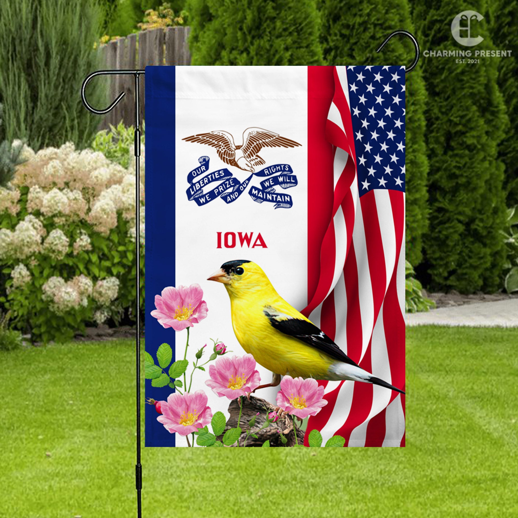 Iowa State Flag Eastern Goldfinch Bird With Wild Rose Flower - American Iowa State Decoration