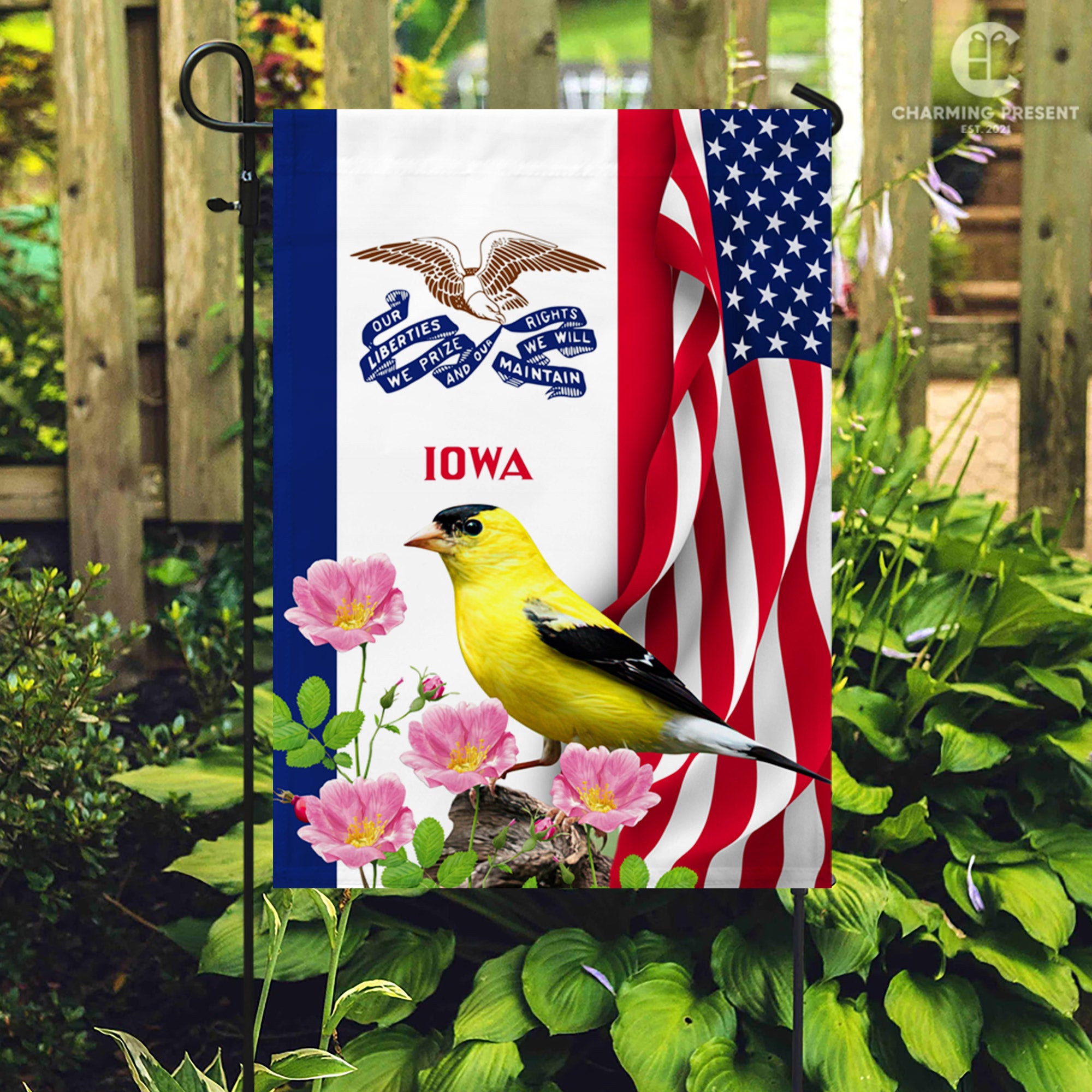 Iowa State Flag Eastern Goldfinch Bird With Wild Rose Flower - American Iowa State Decoration