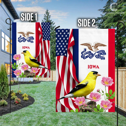 Iowa State Flag Eastern Goldfinch Bird With Wild Rose Flower - American Iowa State Decoration - Charming Present