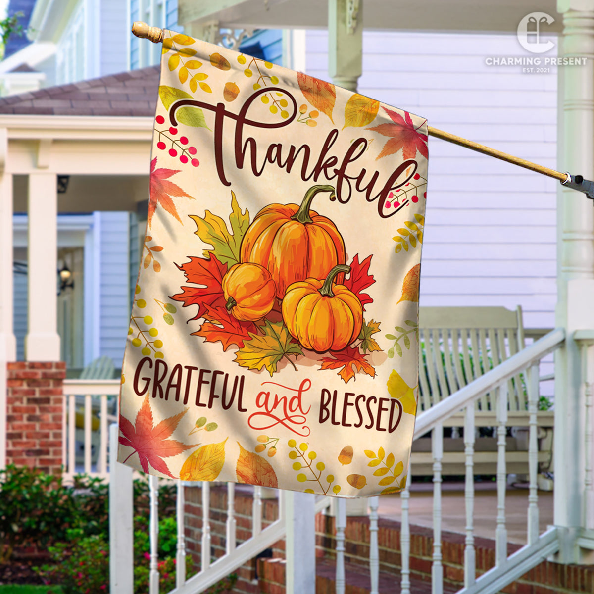 Thankful Grateful And Blessed Pumpkins Fall Flag - Fall Autumn Welcome Gift