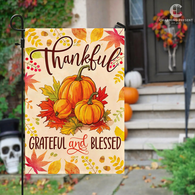 Thankful Grateful And Blessed Pumpkins Fall Flag - Fall Autumn Welcome Gift - Charming Present