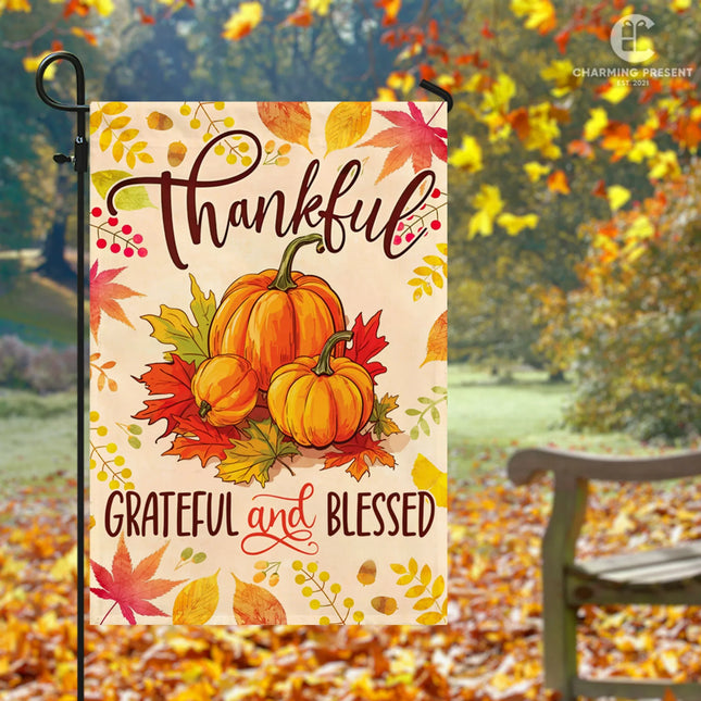 Thankful Grateful And Blessed Pumpkins Fall Flag - Fall Autumn Welcome Gift - Charming Present