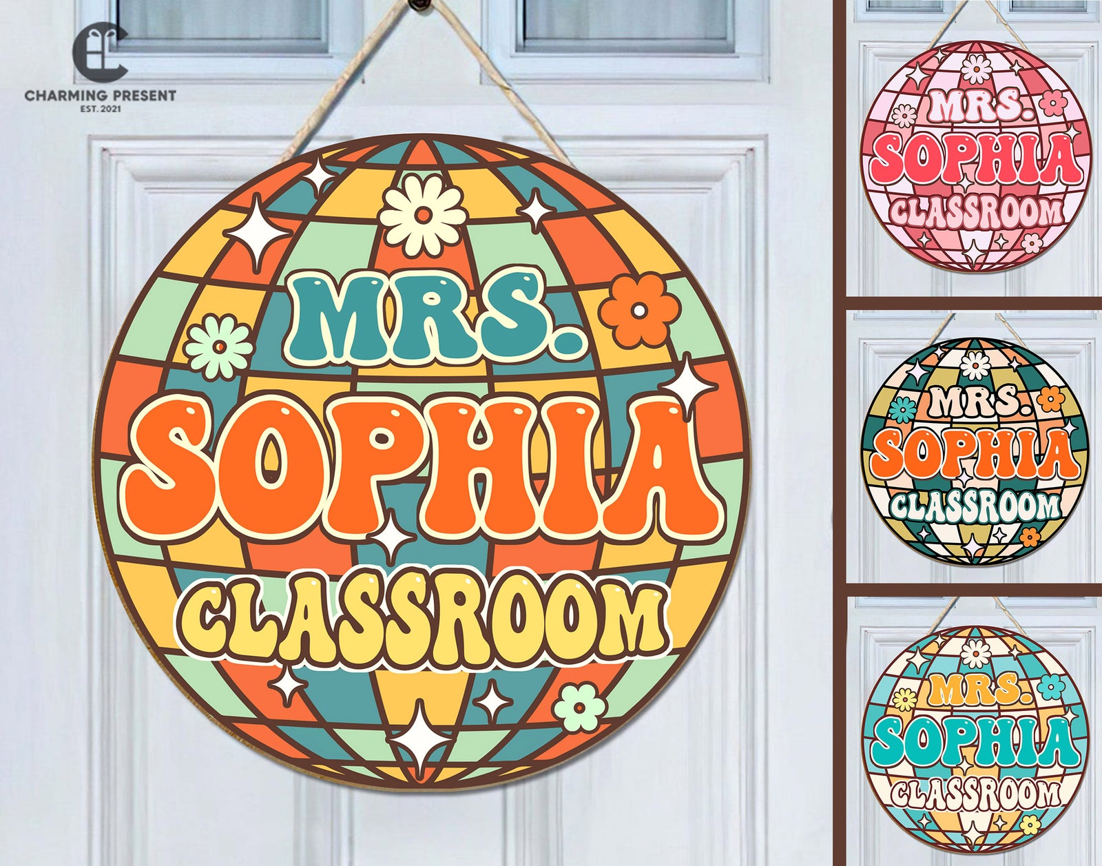 Personalized Disco Classroom Door Hanger - Groovy Teacher Name Door Sign