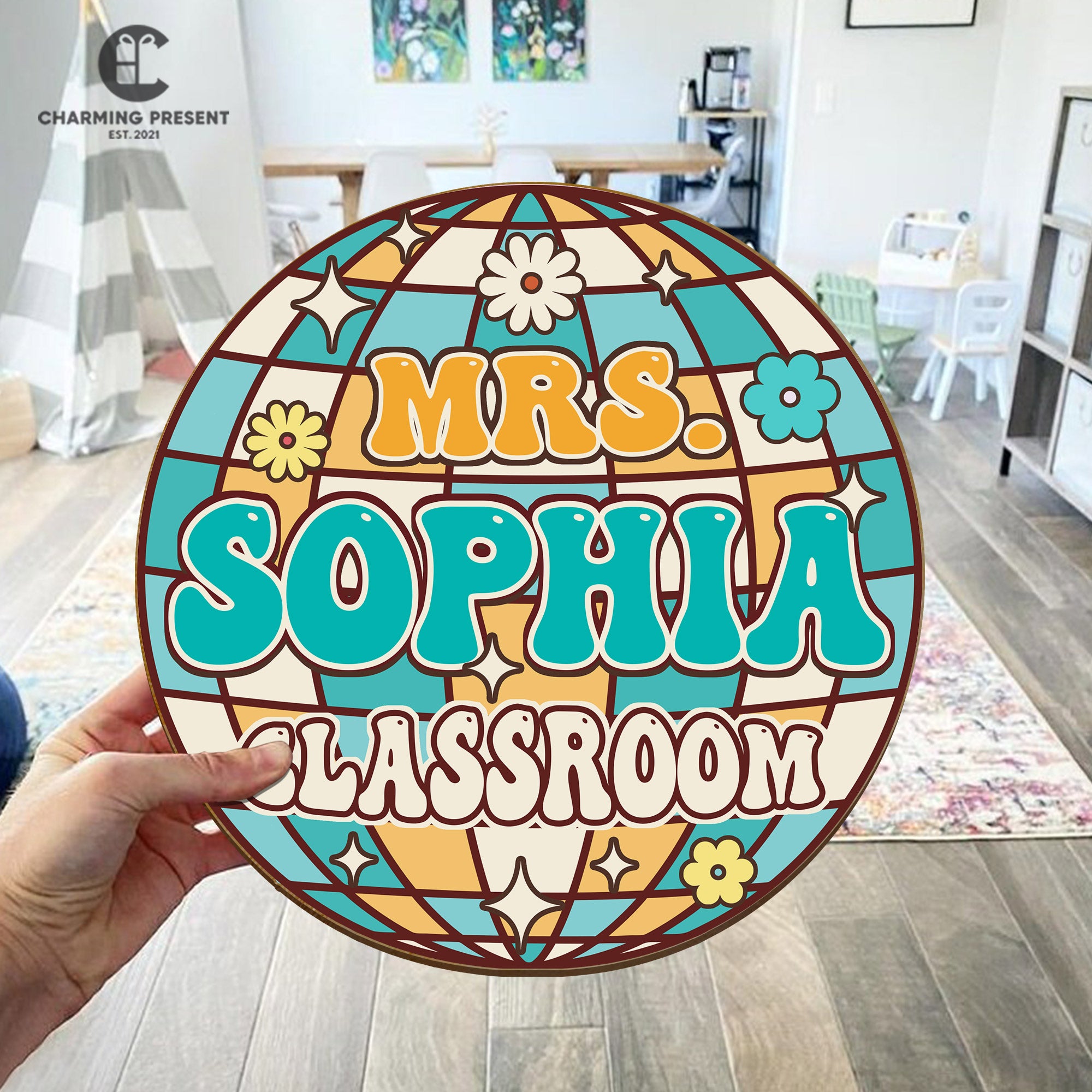 Personalized Disco Classroom Door Hanger - Groovy Teacher Name Door Sign