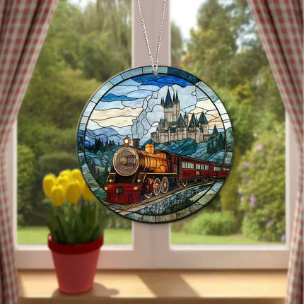 HGWs Express Train Suncatcher Ornament Wizard School Acrylic Window Hanging - Magical Castle Bookish Wall Hanging Art Decor - Charming Present