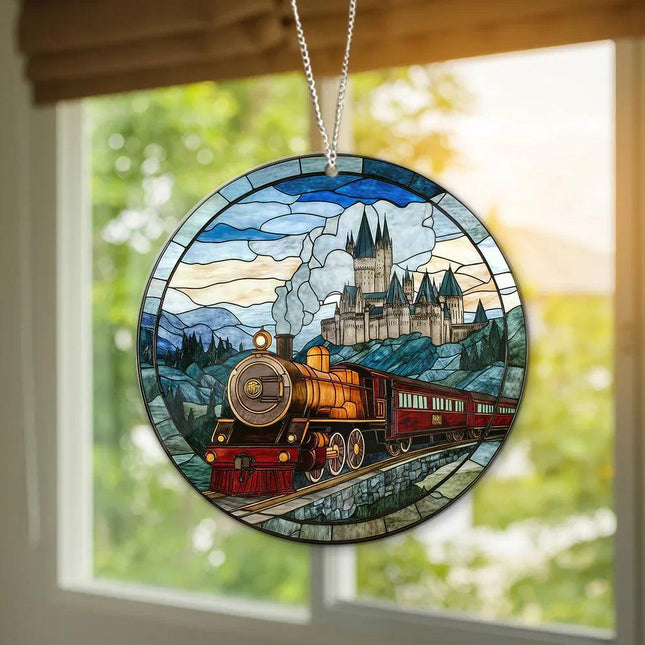 HGWs Express Train Suncatcher Ornament Wizard School Acrylic Window Hanging - Magical Castle Bookish Wall Hanging Art Decor - Charming Present