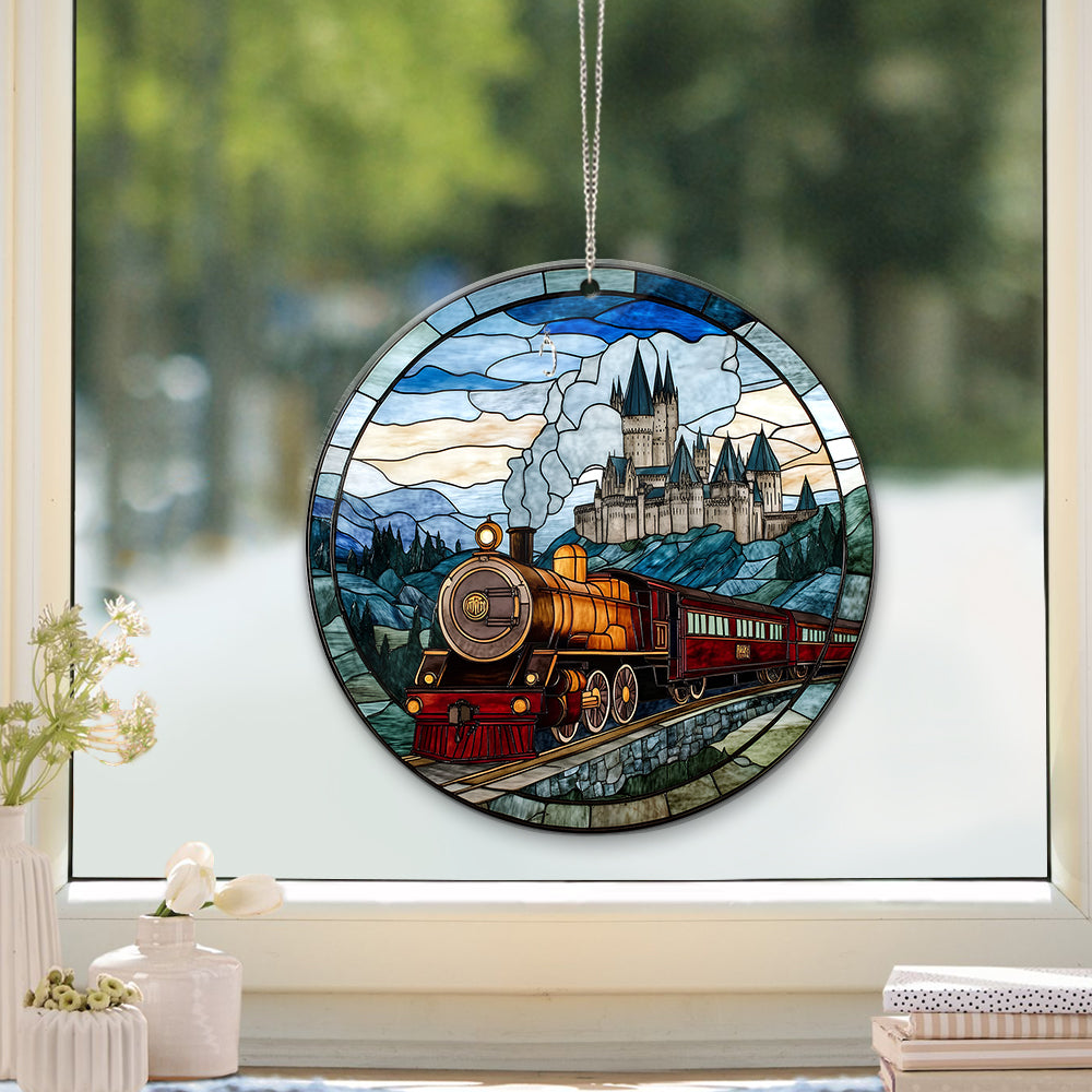 HGWs Express Train Suncatcher Ornament Wizard School Acrylic Window Hanging - Magical Castle Bookish Wall Hanging Art Decor