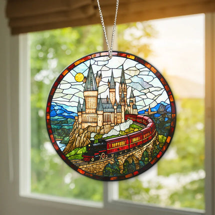 HGWs Express Train Suncatcher Ornament Wizard School Acrylic Window Hanging - Magical Castle Bookish Wall Hanging Art Decor - Charming Present
