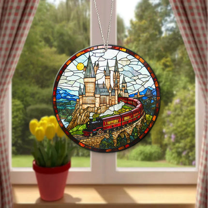 HGWs Express Train Suncatcher Ornament Wizard School Acrylic Window Hanging - Magical Castle Bookish Wall Hanging Art Decor - Charming Present
