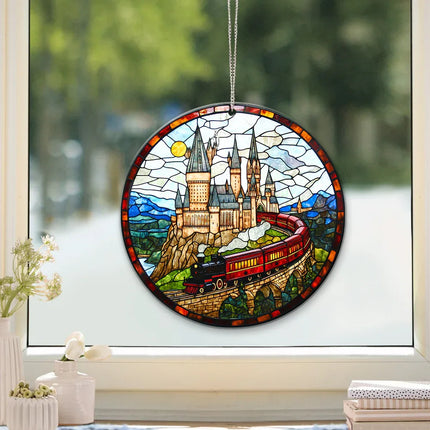 HGWs Express Train Suncatcher Ornament Wizard School Acrylic Window Hanging - Magical Castle Bookish Wall Hanging Art Decor - Charming Present
