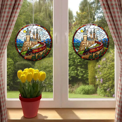 HGWs Express Train Suncatcher Ornament Wizard School Acrylic Window Hanging - Magical Castle Bookish Wall Hanging Art Decor - Charming Present