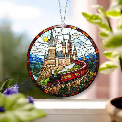 HGWs Express Train Suncatcher Ornament Wizard School Acrylic Window Hanging - Magical Castle Bookish Wall Hanging Art Decor - Charming Present