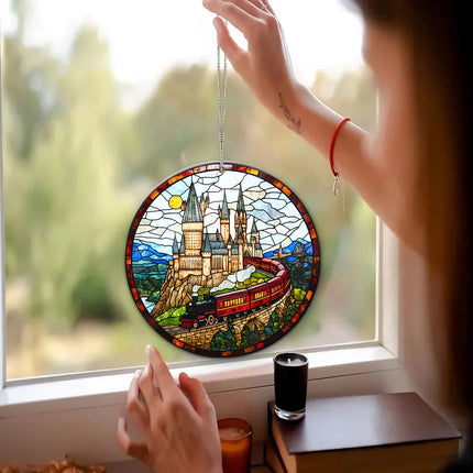 HGWs Express Train Suncatcher Ornament Wizard School Acrylic Window Hanging - Magical Castle Bookish Wall Hanging Art Decor - Charming Present