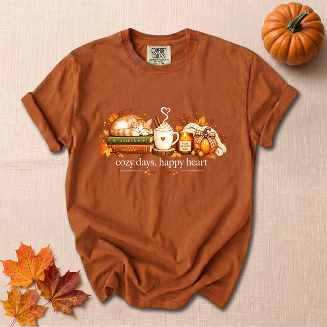 Comfort Colors Cozy Days Happy Heart Fall Coffee Pumpkin T-Shirt