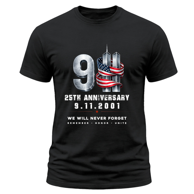 25th Anniversary 9.11 American Ribbon Never Forget T Shirt