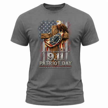 25th Anniversary Patriot Day 911 American Eagle Cross Never Forget Memorial T-Shirt