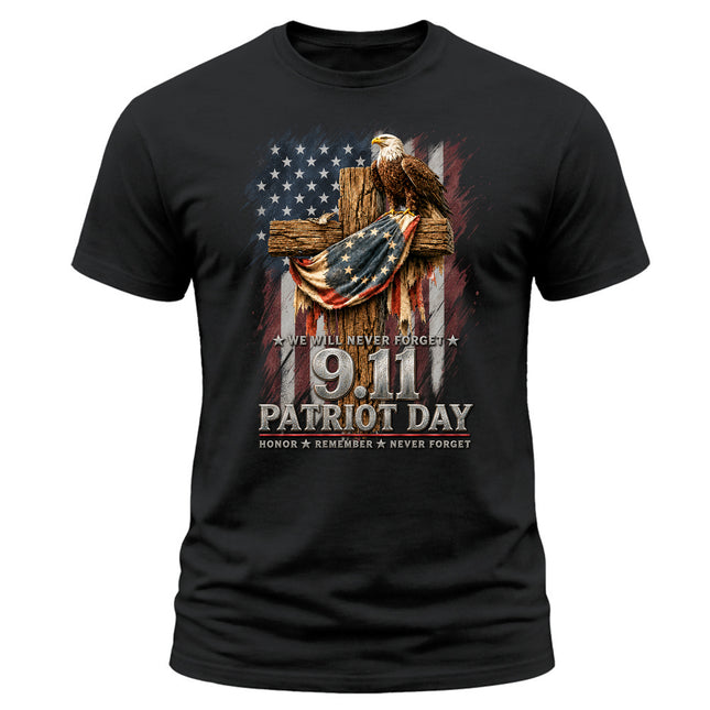 25th Anniversary Patriot Day 911 American Eagle Cross Never Forget Memorial T-Shirt