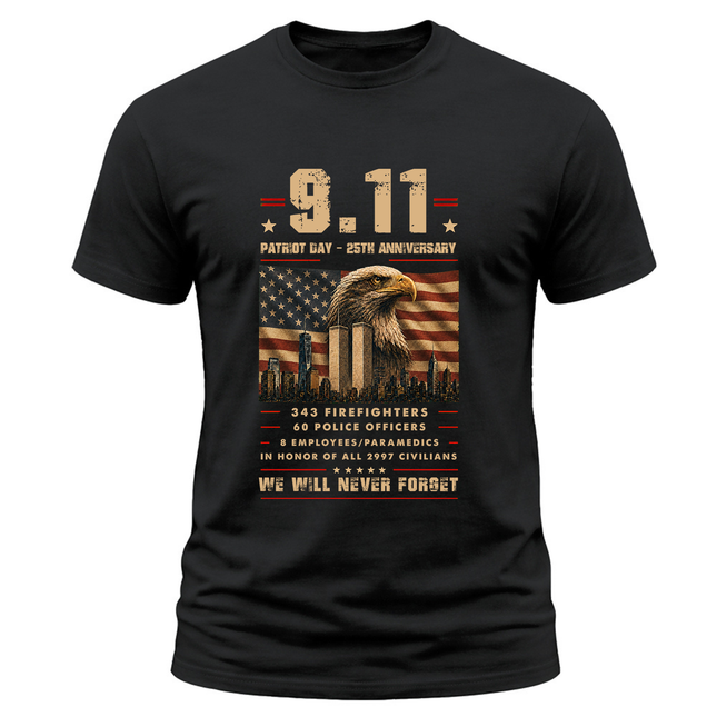 9/11 Patriot Day 25th Anniversary Never Forget First Responders Memorial T-Shirt