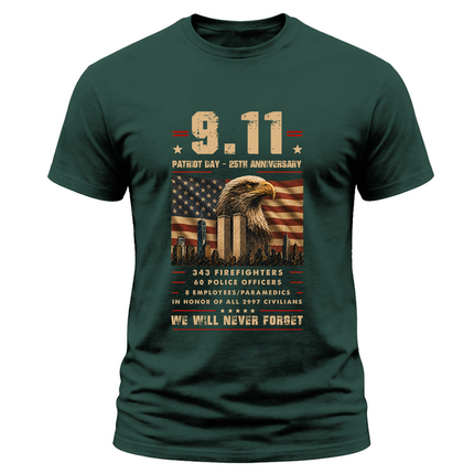 9/11 Patriot Day 25th Anniversary Never Forget First Responders Memorial T-Shirt